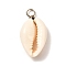 Natural Cowrie Shell Pendants, Shell Charms with Eco-Friendly Copper Wire, Platinum, 24~30x14~17x5~9mm, Hole: 4mm