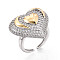 Brass Micro Pave Cubic Zirconia Adjustable Open Cuff Rings for Women, Cadmium Free & Lead Free, Heart, Real Gold Plated & Real Platinum Plated, Adjustable, 24x27mm