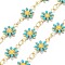3.28 Feet Handmade Brass Enamel Link Chains, Soldered, Long-Lasting Plated, Golden, Daisy, Dark Turquoise,12.5x7.5x2mm