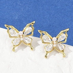Серьги-гвоздики из латуни с микропаве и цирконием в форме бабочки EJEW-M082-17G-02