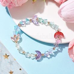 Эластичный браслет из стеклянных бусин с луной и звездами&nbsp;BJEW-JB09956