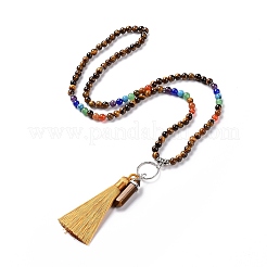 Кулон из натурального тибетского агата в виде пули и кисточки с цепочками из бисера из смешанных драгоценных камней&nbsp;NJEW-E585-02B