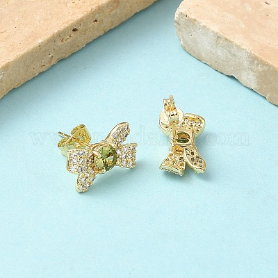 Серьги-гвоздики из латуни с микро-паве и бантом из прозрачного кубического циркония EJEW-Z144-29G-1