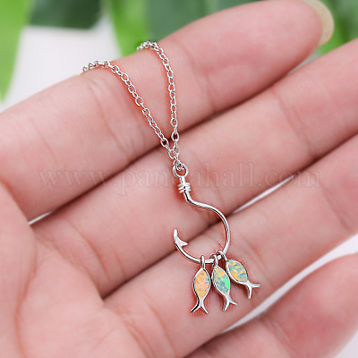 Ожерелья из латуни с подвеской в виде рыбы и рыболовного крючка с опалом FS-WGC8170-02-1