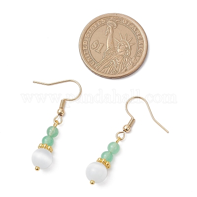 Круглые серьги-подвески из натурального малайзийского нефрита и кошачьего глаза EJEW-JE06472-1