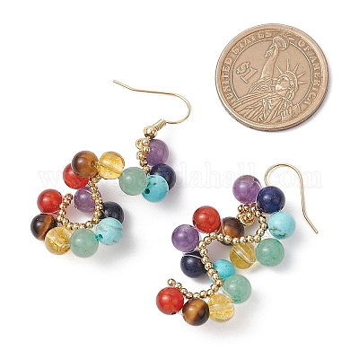 Спиральные серьги-подвески из смешанных натуральных и синтетических камней EJEW-TA00634-1