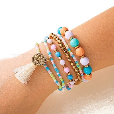 Эластичный браслет из стеклянных бусин PW-WG01FEA-01-1