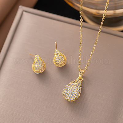 Комплекты из серег-гвоздиков и ожерелий с подвесками из латуни с микропаве из прозрачных кубических цирконий FS-WG8C3C9-05-1