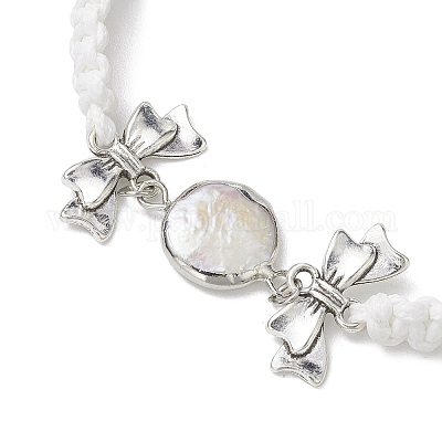 Плоские круглые браслеты из плетеного шнура из натурального жемчуга и полиэстера BJEW-JB10422-1