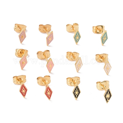 Серьги-гвоздики в виде эмалевого ромба со звездой и штифтами из хирургической нержавеющей стали 316L EJEW-P204-02G-1