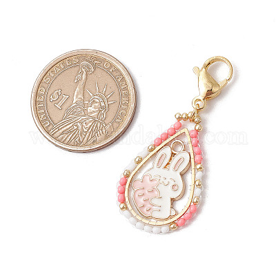 Пасхальная капля стеклянный бисер и эмалированный кролик подвеска украшения HJEW-MZ00187-05-1