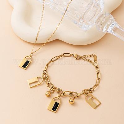 201 комплект из браслетов и ожерелий с подвесками в виде замка из нержавеющей стали со стразами для женщин QK4053-1