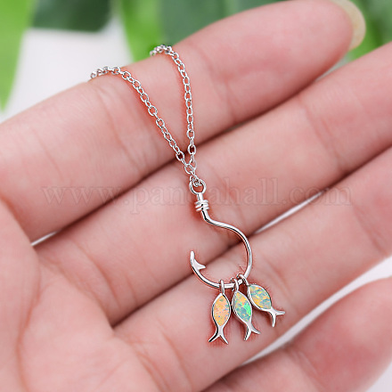 Ожерелья из латуни с подвеской в виде рыбы и рыболовного крючка с опалом FS-WGC8170-02-1