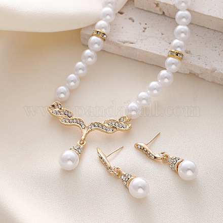 Комплекты из ожерелий и серег-гвоздиков из сплава «крыло ангела» с подвесками из искусственного жемчуга и кристаллов в виде стразов и пластика FS-WG4A79B-01-1