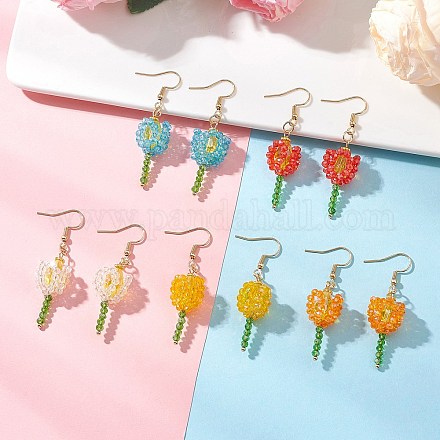 Серьги-подвески в виде стеклянных цветов из нержавеющей стали 304 EJEW-JE06722-1