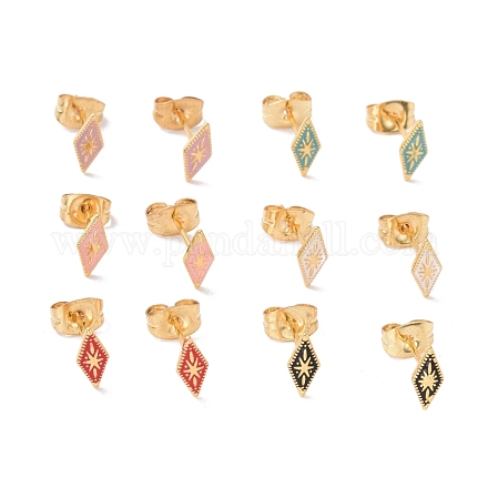 Серьги-гвоздики в виде эмалевого ромба со звездой и штифтами из хирургической нержавеющей стали 316L EJEW-P204-02G-1