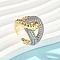 Brass Micro Pave Cubic Zirconia Rings, Two-tone Cross-cut Ring, Real 18K Gold Plated, 17mm, Adjustable