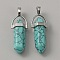 Synthetic Turquoise Dyed Double Terminal Pointed Pendants, Faceted Bullet Charm, with Platinum Plated Alloy Findings, 40x13.5x10mm, Hole: 4x5mm