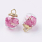 Glass Ball Pendants, with CCB Plastic Findings, Random Dried Flower and Rhinestone, Hot Pink, 20x15.5mm, Hole: 3.5mm