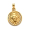 304 Stainless Steel Pendants, with Rhinestone, Flat Round & Lion, Vacuum Plating, Golden, 26.5x21x8mm, Hole: 3x7mm