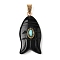 Natural Black Obsidian & Synthetic Turquoise Carved Pendants, Fish Charms with Brass Bails, Golden, 35x17.5x7.5~8mm, Hole: 4.3x6.5mm