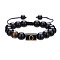 Adjustable Natural Tiger Eye and Glass Beaded Braided Bead Bracelets for Men Women, Column with Letter, Black, Letter O, 6-1/4~10-1/4 inch(16~26cm)