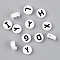 Opaque Acrylic Beads, with Enamel, Horizontal Hole, Flat Round with Initial Letter, Black, White, 9.5x4.5mm, Hole: 2mm