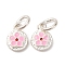 Fine Silver Pearl Pink Enamel Flat Round with Flower Charms, with Jump Rings and 999 Stamp, Silver, 8x6x2mm, Hole: 3mm