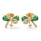 Brass Micro Pave Clear Cubic Zirconia Stud Earrings, with Green Glass, Real 18K Gold Plated, Bowknot, 11x13mm