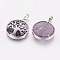 Natural Amethyst Pendants, with Brass Findings, Platinum, Flat Round with Tree, 31x27x6.5~7mm, Hole: 5x8mm