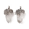 Natural Quartz Crystal Pendants, Rock Crystal Pendants, Faceted Acorn Charms, with Antique Silver Tone Brass Spider Findings, 40.5~41x18.5x21~24mm, Hole: 5.5x6mm