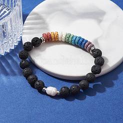 Эластичный браслет из окрашенного натурального камня лавы и жемчуга&nbsp;BJEW-JB10053-01