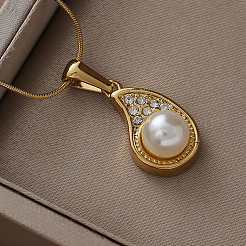 Ожерелья с подвесками в форме капли из нержавеющей стали 304 с искусственным жемчугом и прозрачным стеклом&nbsp;EB8017