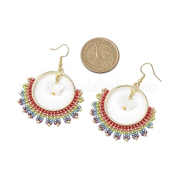 Серьги с подвесками в виде бабочки и кольца из пресноводной ракушки и стеклянного бисера EJEW-MZ00163