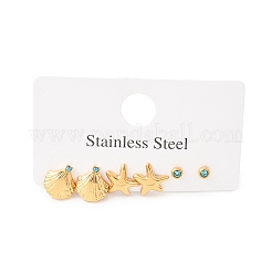 3 пара серег-гвоздиков Ocean Series из нержавеющей стали 304 в форме морских звезд и ракушек&nbsp;EJEW-K268-92G