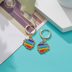 Серьги-кольца с плетеным сердцем из японских семян цвета радуги&nbsp;EJEW-MZ00004