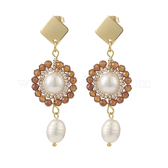 4 пара 4 стильных натуральных смешанных драгоценных камней и жемчуга из бисера висячих серег-гвоздиков EJEW-JE05076