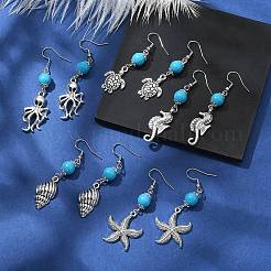 Серьги с подвесками из сплава на тему океана с бусинами из синтетической бирюзы&nbsp;EJEW-JE05447