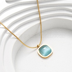 Женские ожерелья в форме змеи из нержавеющей стали 304 и темно-бирюзового кошачьего глаза с квадратным кулоном&nbsp;NJEW-K255-47G