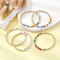 Эластичный браслет из немагнитного синтетического гематита и бисера «Сглаз» лэмпворк и бисера BJEW-JB09489