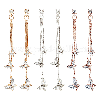 3 пара двухцветных сережек-гвоздиков в форме бабочек со стразами EJEW-AN0003-04-1