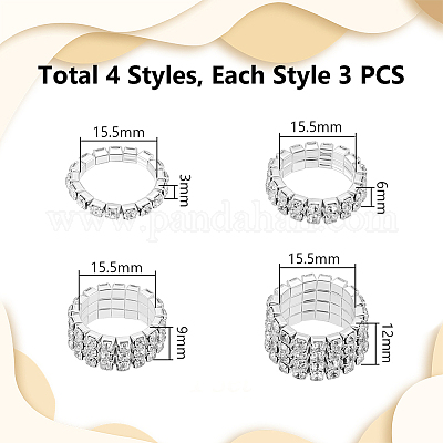 12 шт. 4 стиля стразы теннисные цепочки растягивающиеся кольца для женщин RJEW-UN0003-05-1