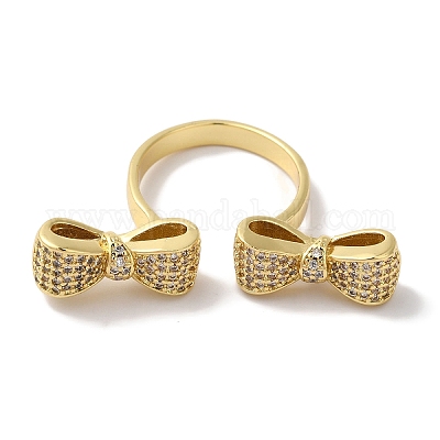 Открытые манжеты из латуни с бантом и микро-паве с прозрачным цирконием для женщин&nbsp;LS-RJEW-C098-15G-1