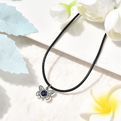 Ожерелье из вощеного шнура с подвеской из сплава и натурального лазурита NJEW-JN05438-01-1