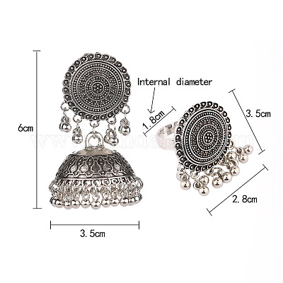 Комплект из плоских круглых и колокольчатых сережек-гвоздиков и колец в этническом стиле из сплава FS-WG67497-01-1