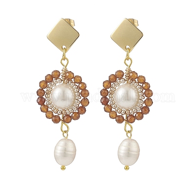 4 пара 4 стильных натуральных смешанных драгоценных камней и жемчуга из бисера висячих серег-гвоздиков EJEW-JE05076-1