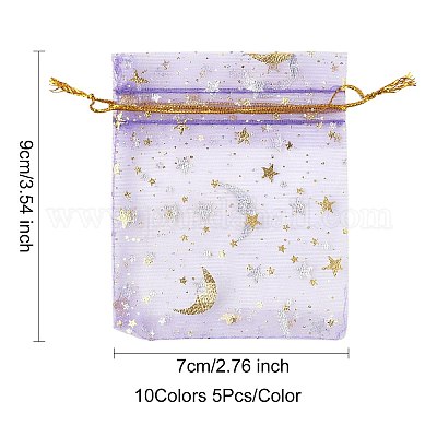 50 шт. 10-цветные подарочные мешочки для хранения из органзы с завязками и золотым тиснением в виде луны и звезд ABAG-FS0001-11-1