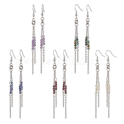 Круглые серьги-подвески из нержавеющей стали 304 с натуральными смешанными камнями EJEW-JE06783-1