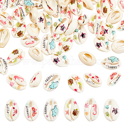 60шт 6 вида печатных натуральных бусин из ракушек каури SHEL-PH0001-43-1