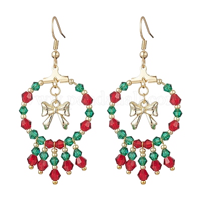 2 пара двухцветных серег-подвесок из стеклянного бисера ручной работы с рождественской тематикой EJEW-MZ00488-1